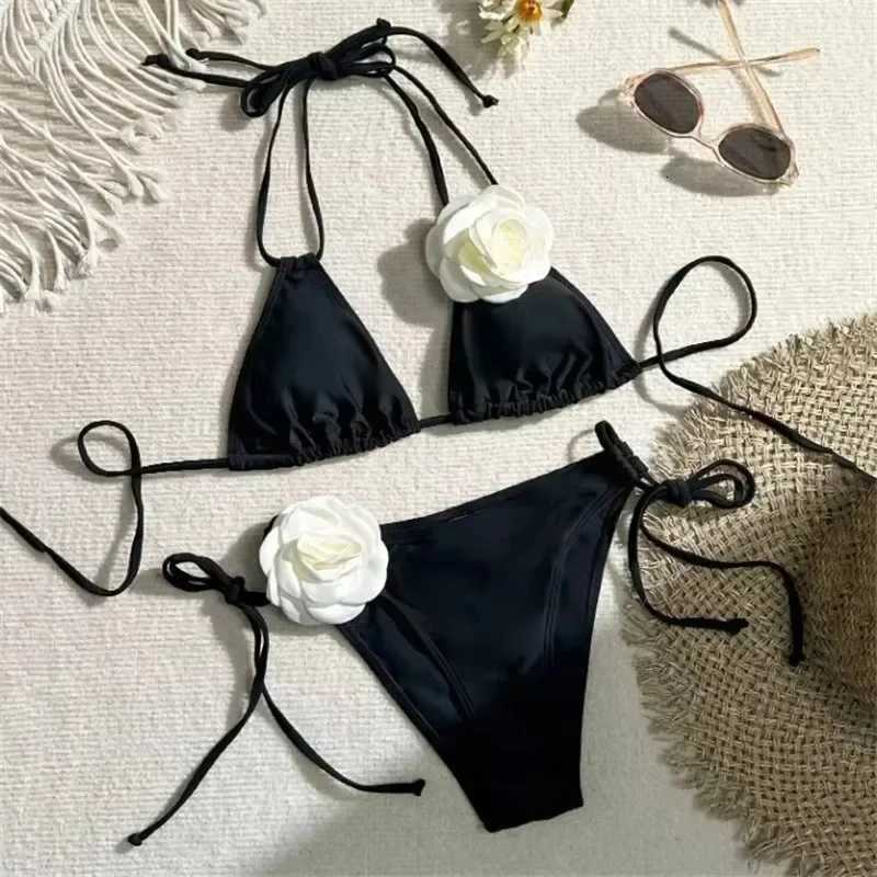3D Flower Two Pieces Bikini Swimsuit for Women 2025 New Lace Up Swimwear Female Separate Bandeau Biquini Beach Bathing SuitW251113