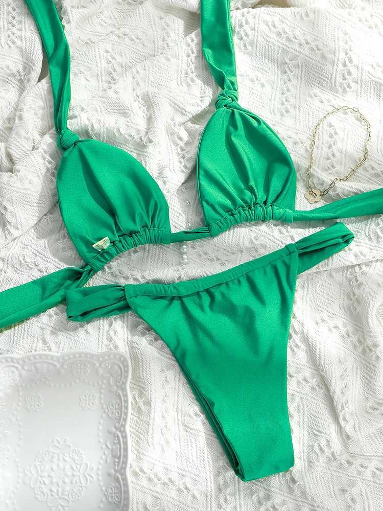 Pleated Bikinis Push Up Swimsuit Sexy Swimwear Women Bandage Beachwear Solid Color Bathing Suits 2024 Bikini Summer SwimsuitsW251113