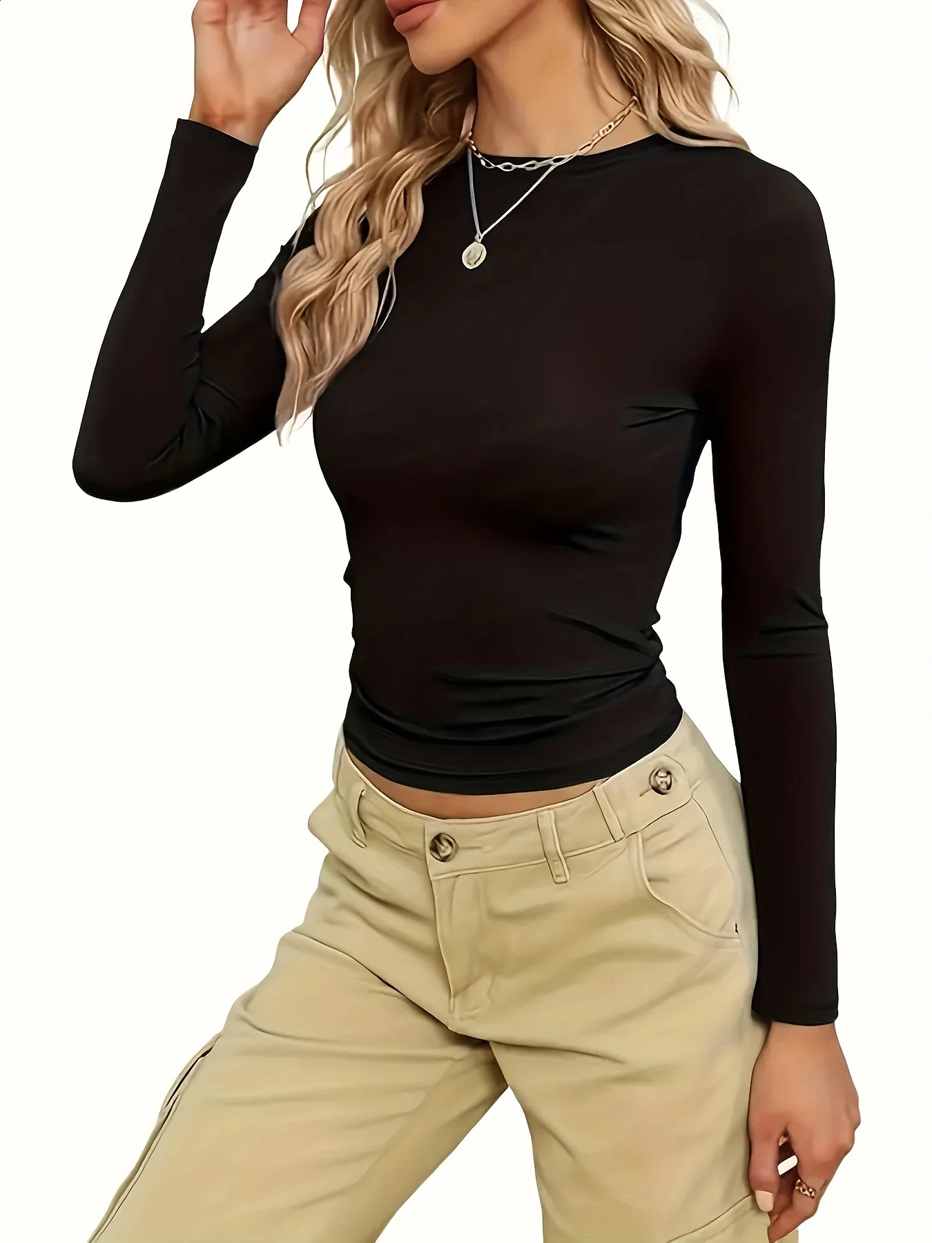 Womens commuting leisure womens simple and fashionable solid color long sleeved Tshirt 250407