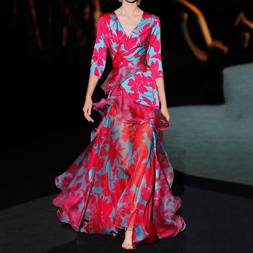 2025 New Dress Temperament Womens Printed Maple Leaf Slim Fit Multi-layer V-neck Long Skirt