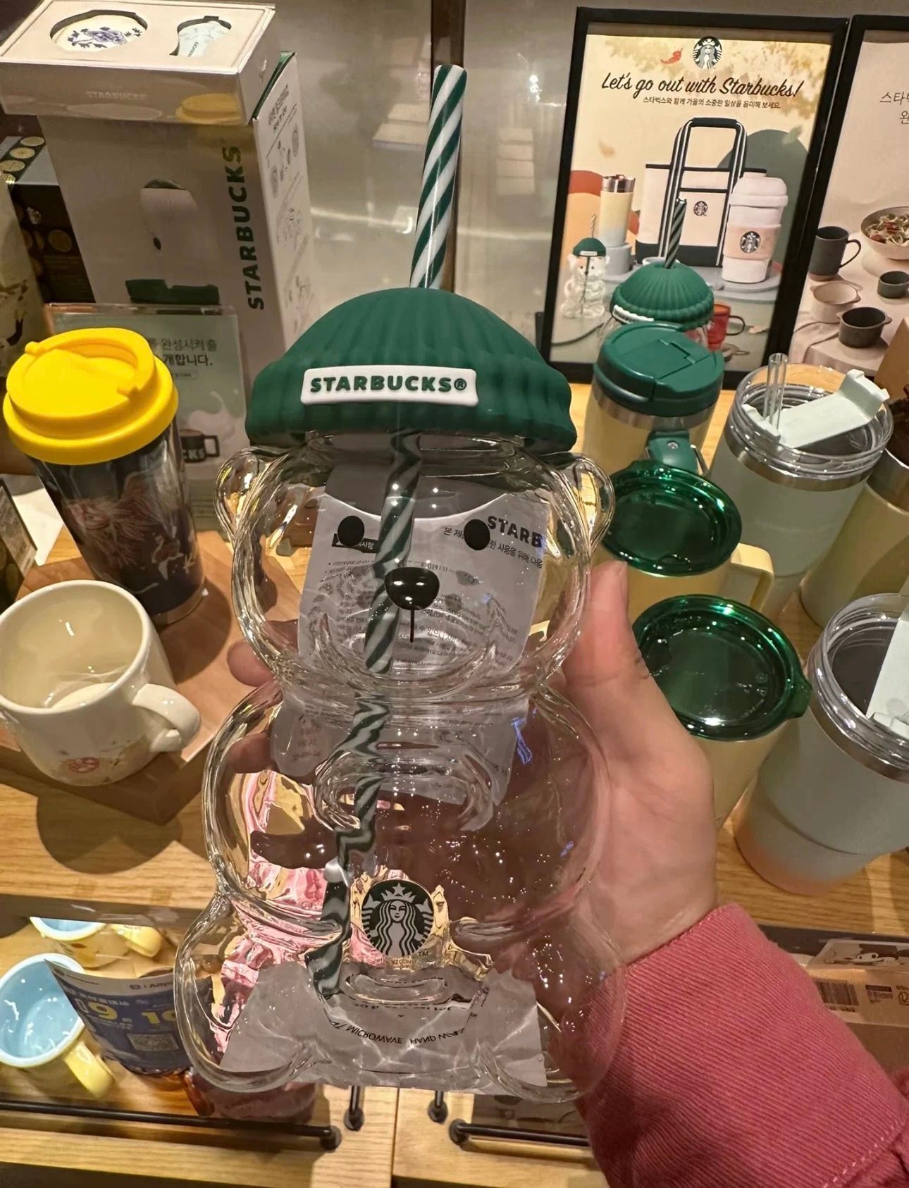 Star bucks Glass Bear Cup With Straw Cute Transparent Tumbler With Hat For Iced Coffee Cold Drink Christmas Gift