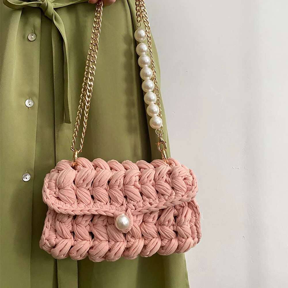 Handmade Rope Crochet Women's Shoulder Designer Knitting Crossbody Bags For Women Handbags Pearls Chains Sg Bag Tote 2022