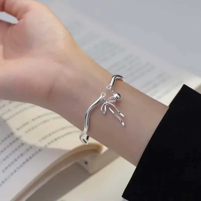 New Trendy Silver Color Bowknot Bracelet for Women Cute Romantic Round Ball Adjustable Cuff Bracelet 2025 Jewelry Birthday GiftC250411