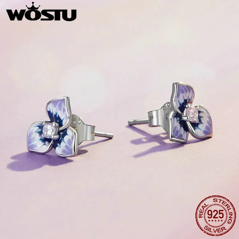 WOSTU 925 sterling silver purple tricolor violet flower stud earrings womens original color changing zircon stud earrings party jewelry 250409