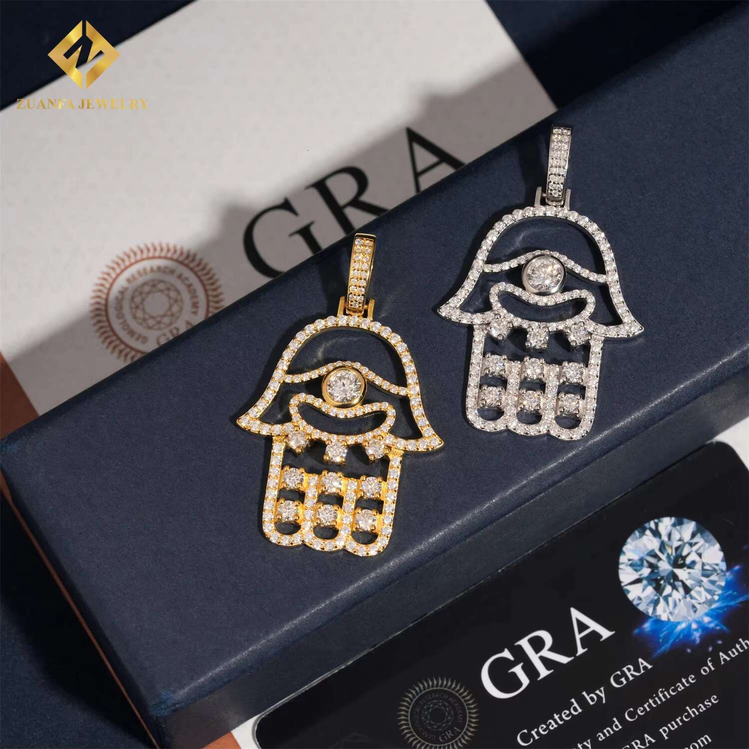 Wholesale Price 925 Solid Silver Custom Hip Hop VVS Moissanite Jewelry Charm Pendant Iced Out Diamond Hamsa Hand Lucky Pendant