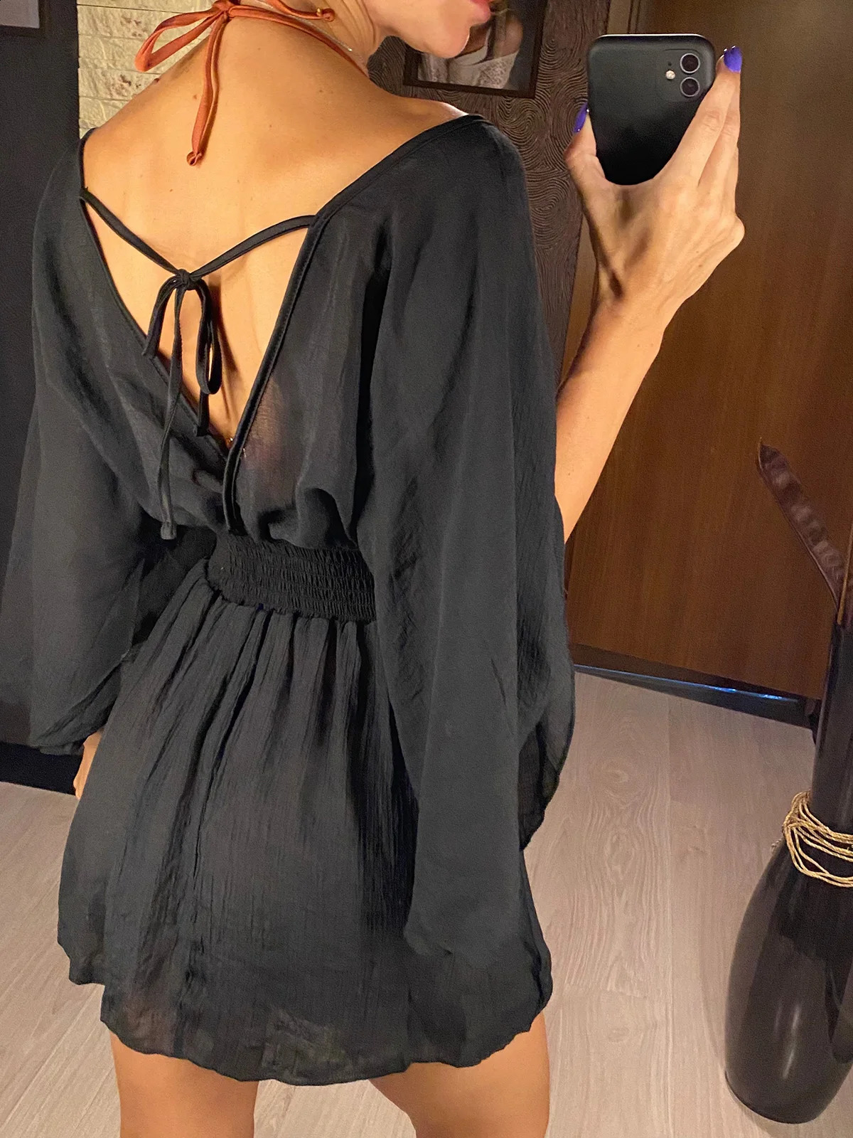 Sexy V Neck Long Sleeve Backless Chiffon Tunic Beach Cover Up Beach Cover-ups Beach Dress Beach Wear Beachwear V3840 250409