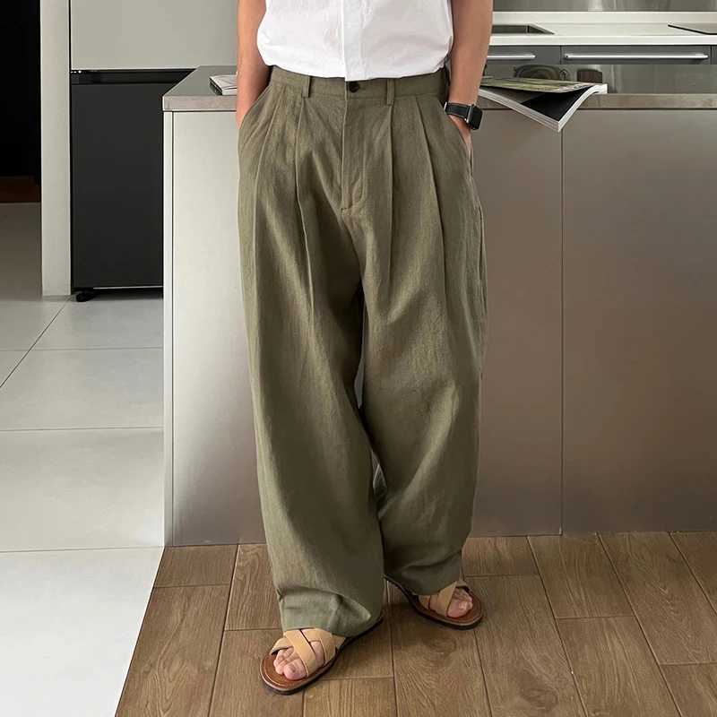 Mens luxury brushed linen wide leg casual button solid color straight high-end elegant sports pants M-3XLXJ250412