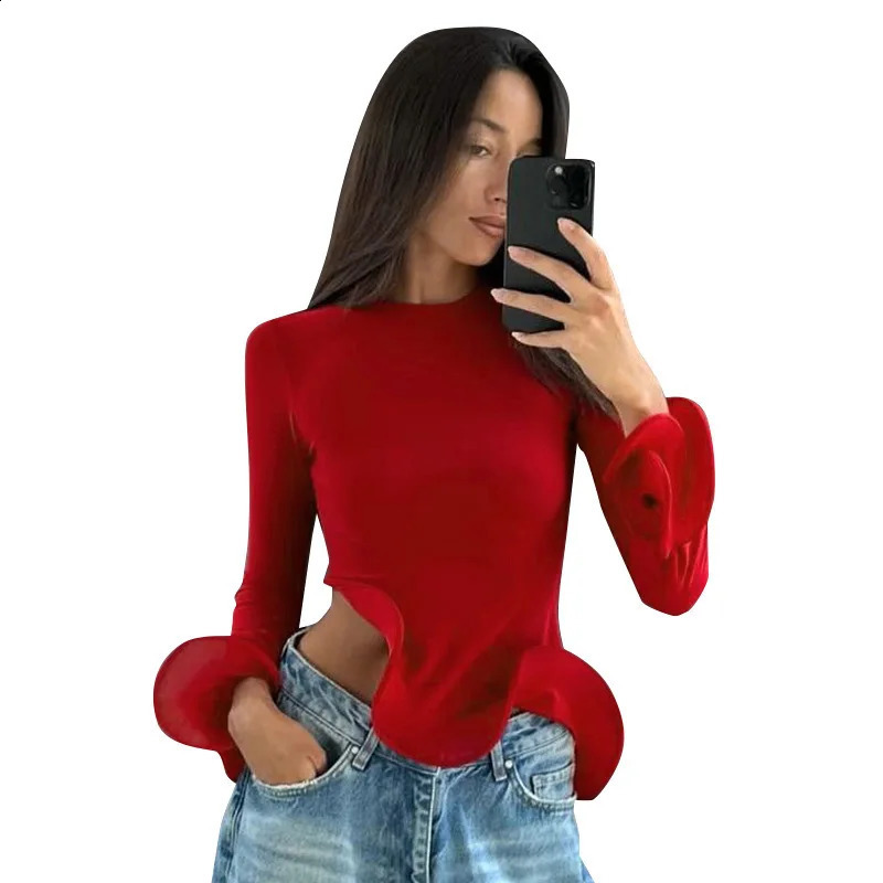 Sping Autumn Womens Elegant Sparkling Sleeves Ruffle Red Tshirt Oneck Irregular Solid Kassar Crop Top 250407