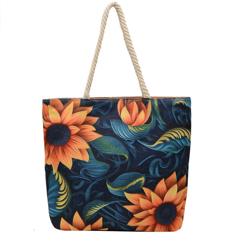 Women's double-sided embroidered canvas shoulder bag fashionable linen cotton rope simple handbag