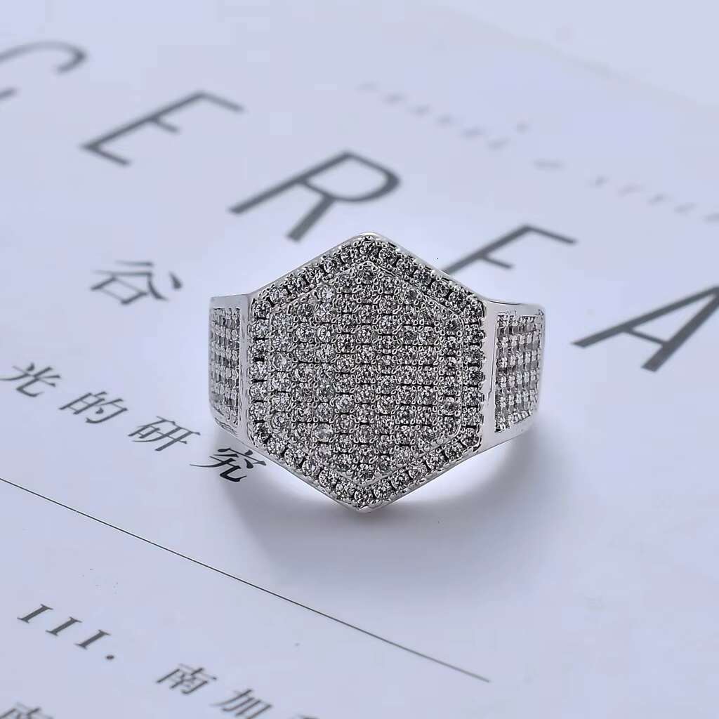 BES Hip Hop Style Men Rings Copper Ring Iced Out Bling Pave Cubic Zirconia Geometry Ring Charms
