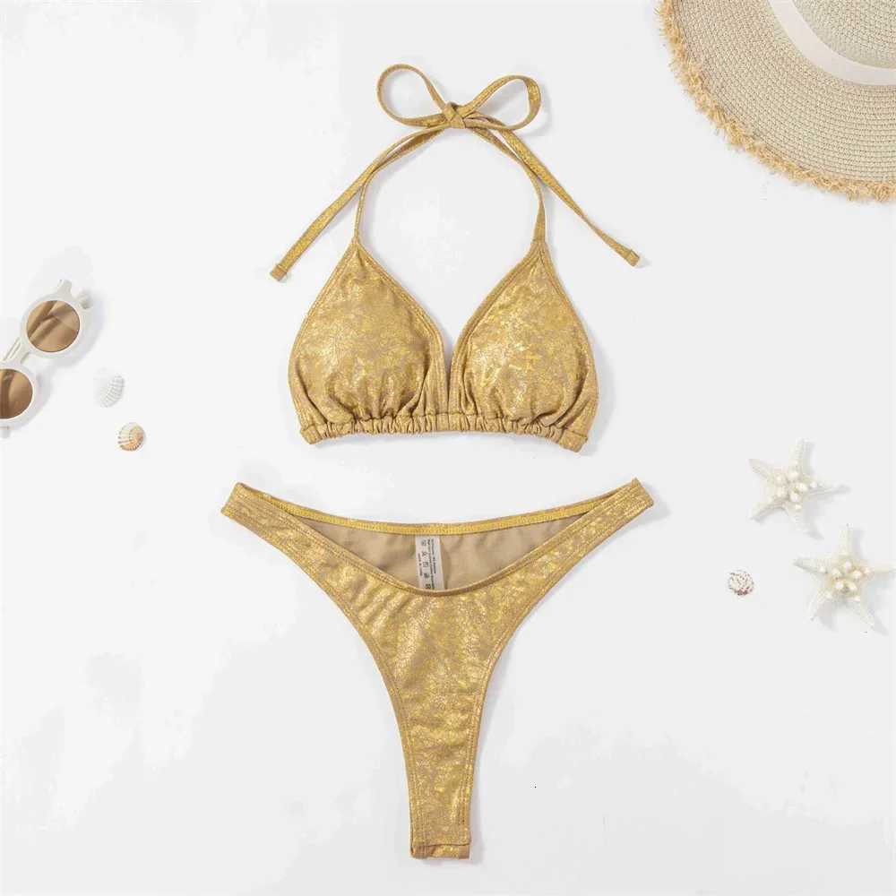 Golden Bikini Thong String Swimsuit Swimwear Women 2025 Trend Luxury Two Piece Bathing Swim Suit Brazilian Beach Vacation OutfitW251113