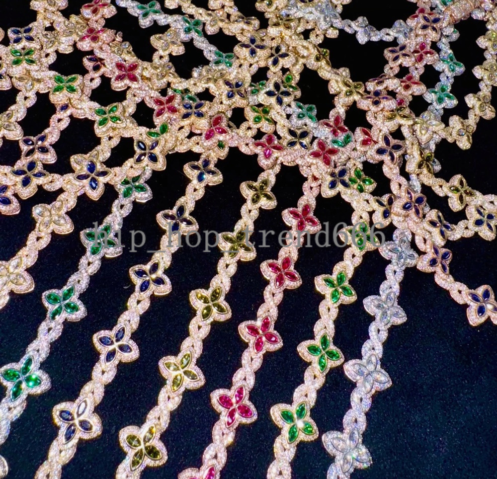 Hot Selling 15MM 925 Sterling Silver Cuban Clover Bracelets Iced Out Hip Hop Infinity Colored Moissanite Cuban Bracelet