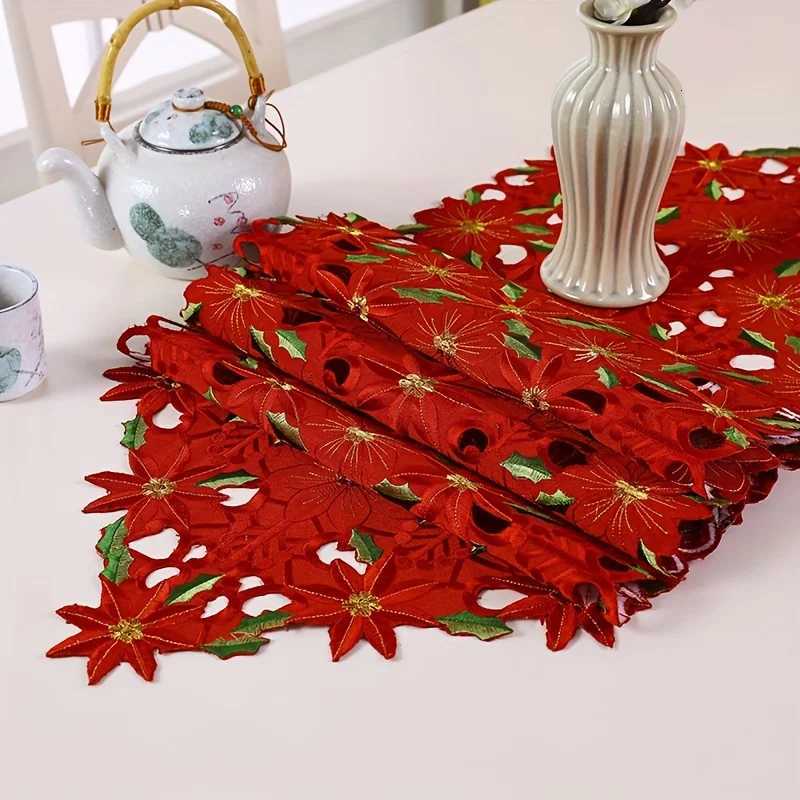 Christmas 2/1PCS Red and Green Christmas Embroidered Printed Tablecloths Party Picnic Table Cloth Supplie Table Runners Linens Y251113