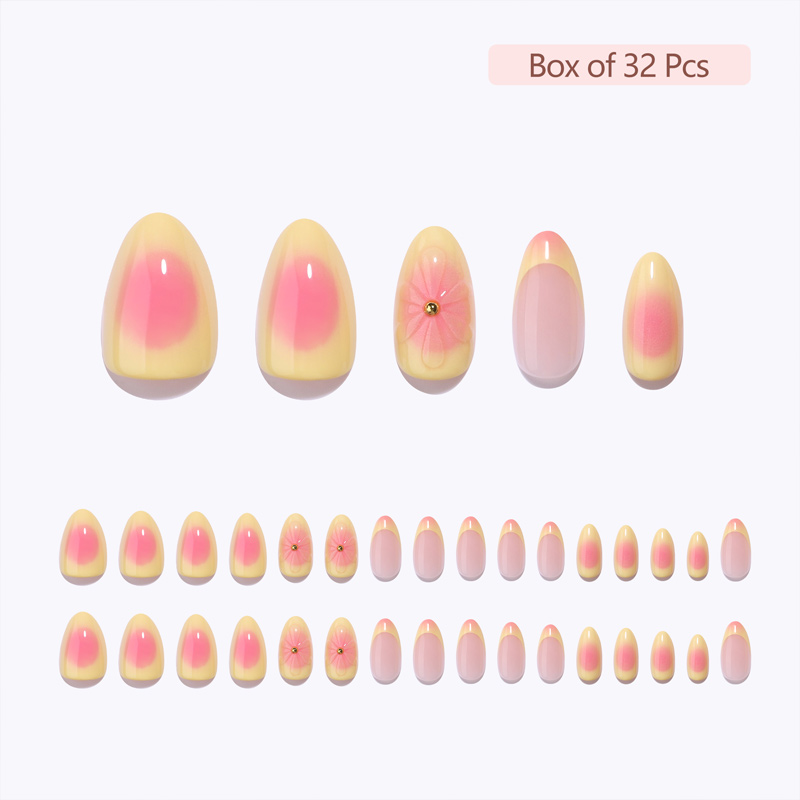 Soft glue press-on nail gel 3D flower embellished with yellow French corners, 16 sizes, 32 pieces of fake nails can be reused