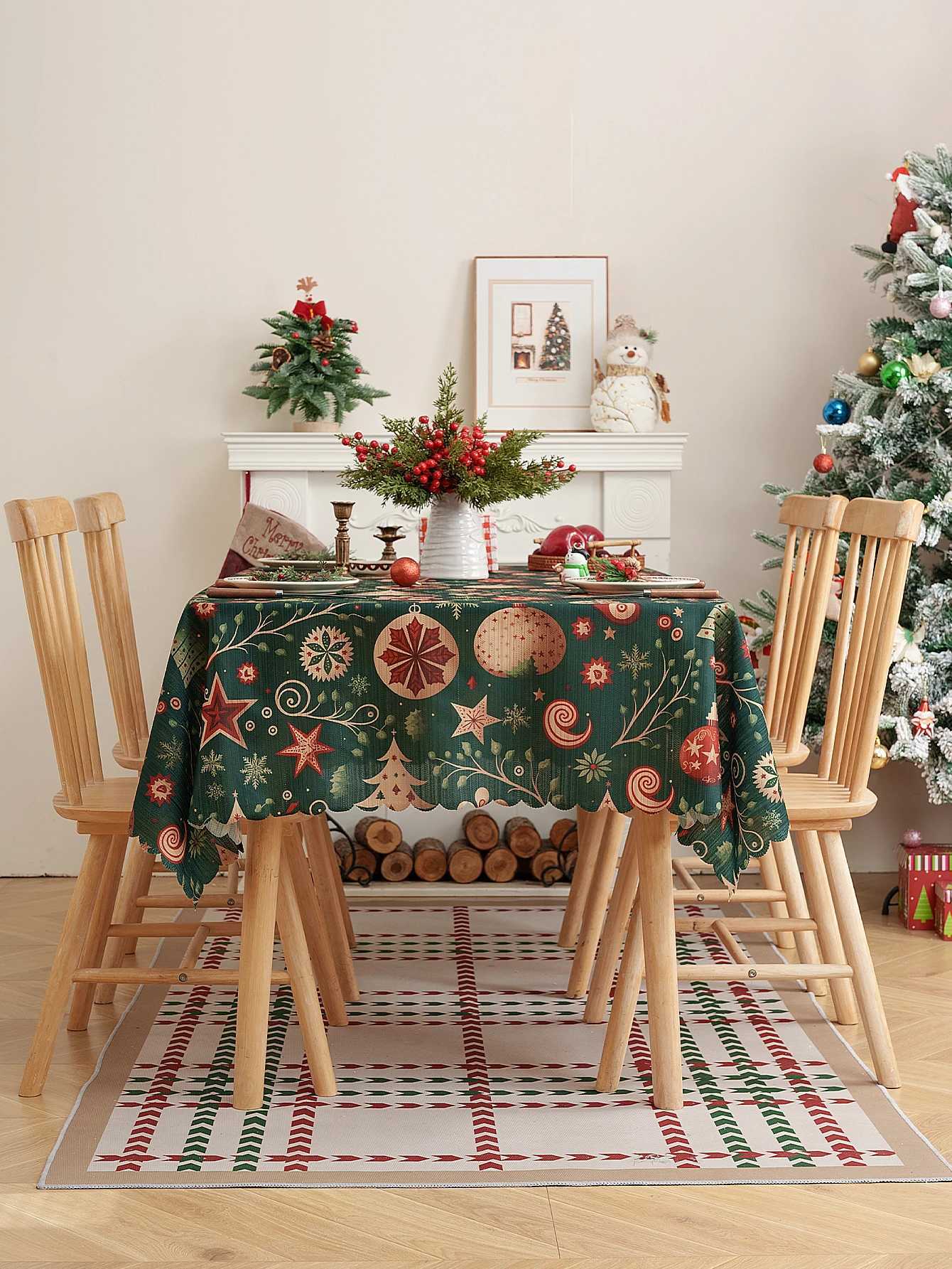 Christmas American Style Christmas Tree Print Tablecloth Green Background Christmas Party Tablecloth Non-Slip Decorative Dining Table Deco Y251113