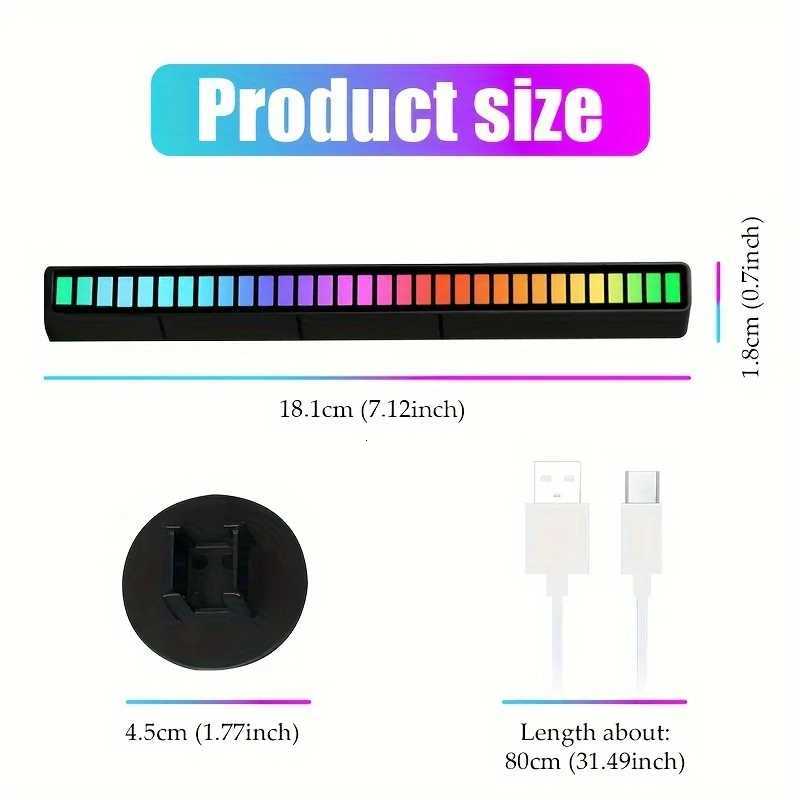 LED RGB USB pickup light bar sound control music rhythm strip lamp color ambient for car atmosphere computer gaming rechargeable W251112