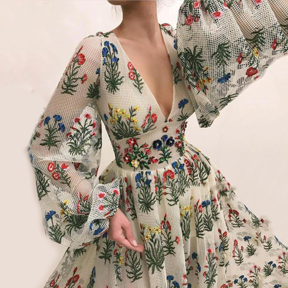 2025 New Dress Bohemian Pattern Colorful Embroidered Sexy Loose Long Dress