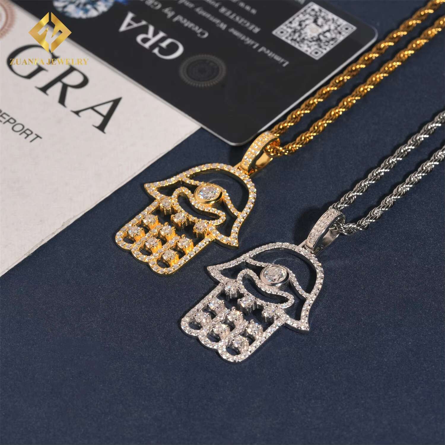 Wholesale Price 925 Solid Silver Custom Hip Hop VVS Moissanite Jewelry Charm Pendant Iced Out Diamond Hamsa Hand Lucky Pendant