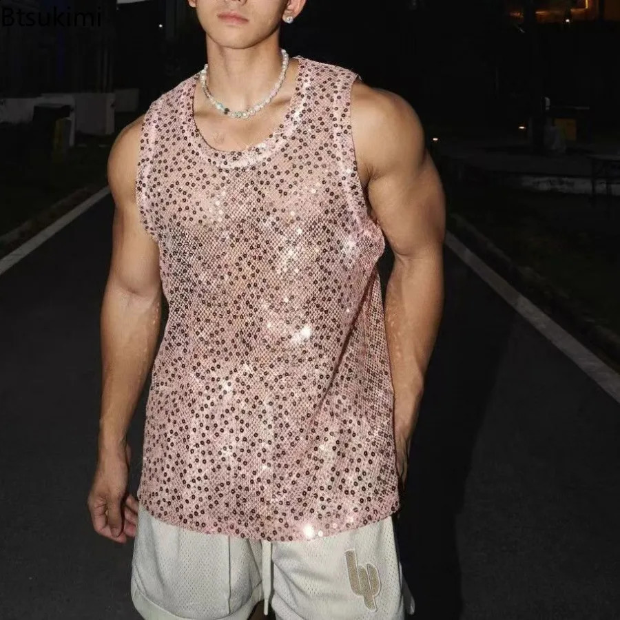 2025 Mens Casual Hollow Out Tank Tops Summer Streetwear Sleeveless Glitter Sheer Transparent Tops Sexy Mesh Muscle Vest for Men 250407