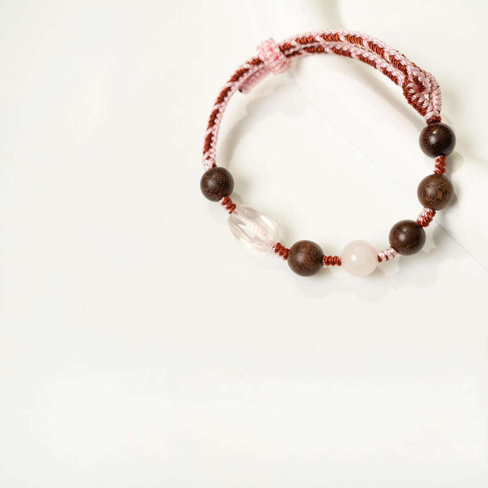 Dunhuang "Crimson Silhouette" Rose Quartz & Sandalwood Cord - Pink Crystal Wooden Bead Bracelet for Gentle Love & Grounding