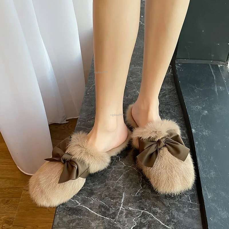 New Free Shipping Designer Shoes Slippers For Women, Worn As Outerwear Hairy Women's New Autumn Fashion Item Flat Bottomed And Versatile Bow Bow 