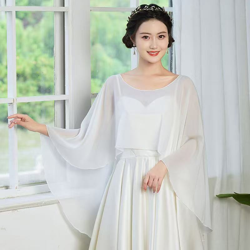 K384 Short solid color chiffon cape round neck thin loose breathable shawl go out all-match simple cloak