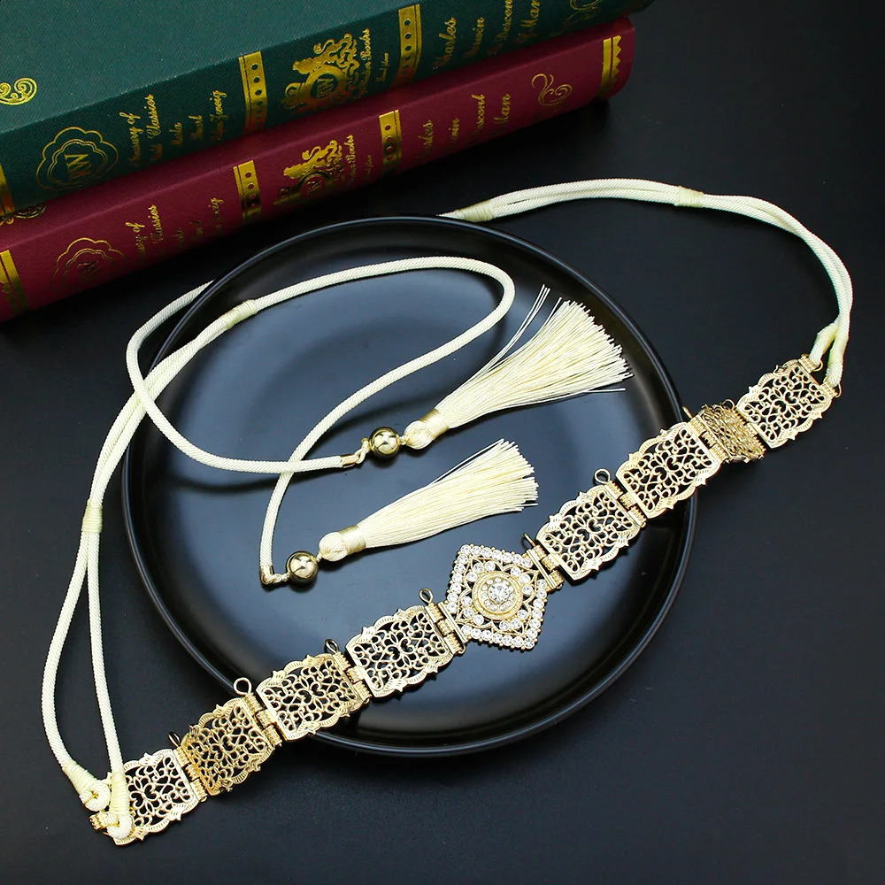 Sunspice Thin Womens Hand Rope with Gold Crystal Moroccan Waist Chain Caftan Abaya Body Chain Arab Bridal Jewelry 250408