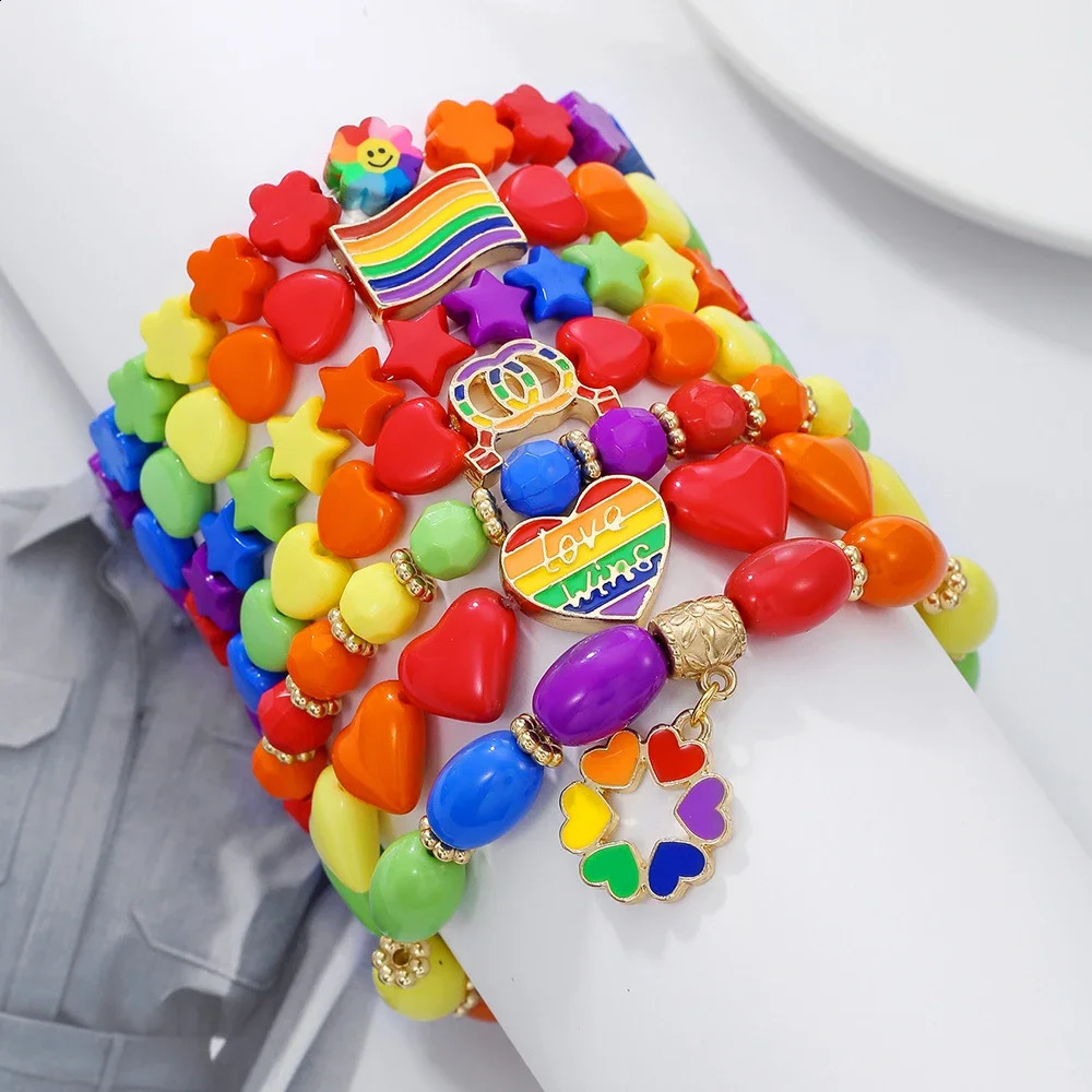 7Pc/s Simple Creative Love Five Star Rainbow Flag Color Simple Fashion Wind Elastic Bead Bracelet Set 250409