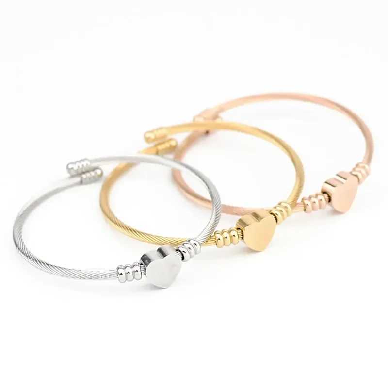 Stainless steel love-shaped adjustable wire bracelet three-color titanium steel open bracelet jewelryC250411