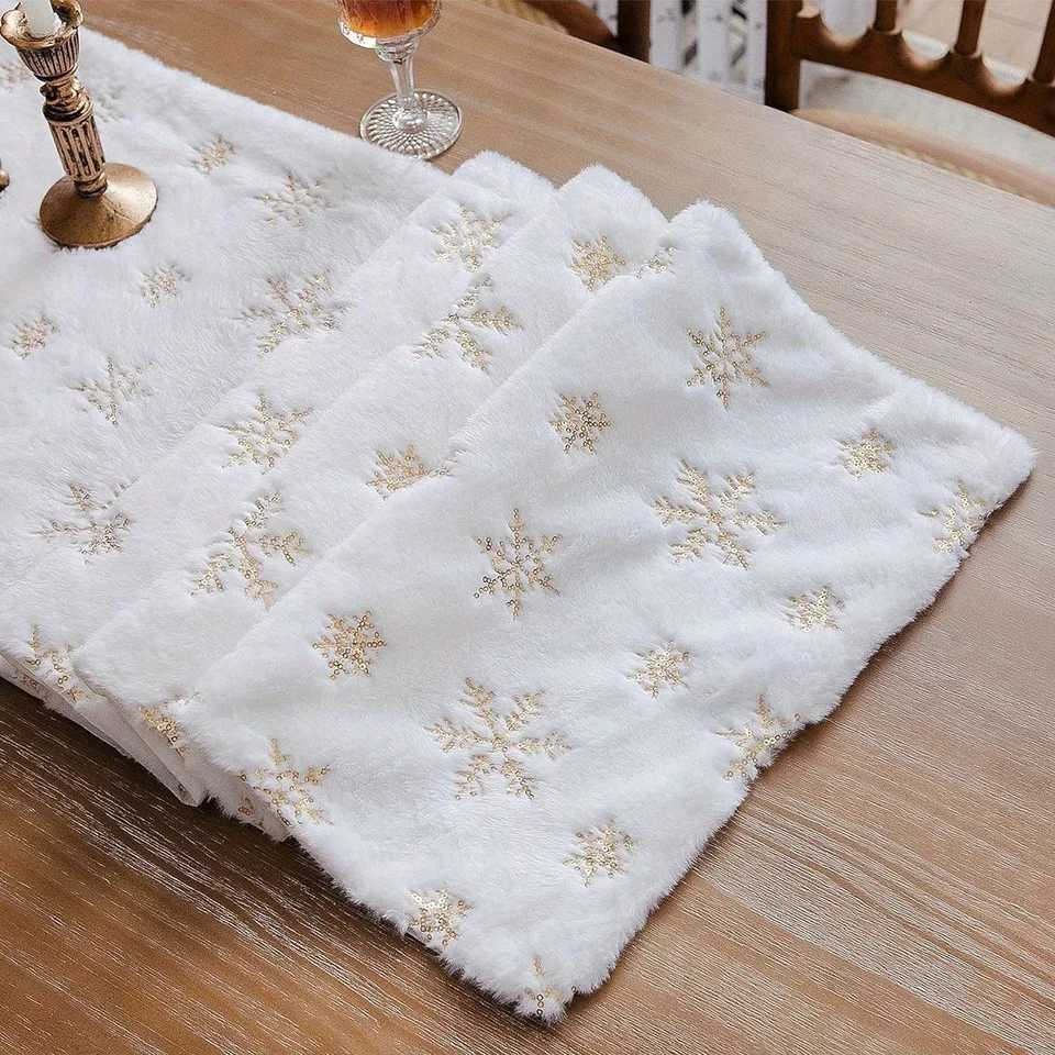 Christmas 33X180cm-13X71in Christmas Glitter Snowflake Plush Table Flag Restaurant Home Decor Artificial Fur White Table Flag Meal Y251113
