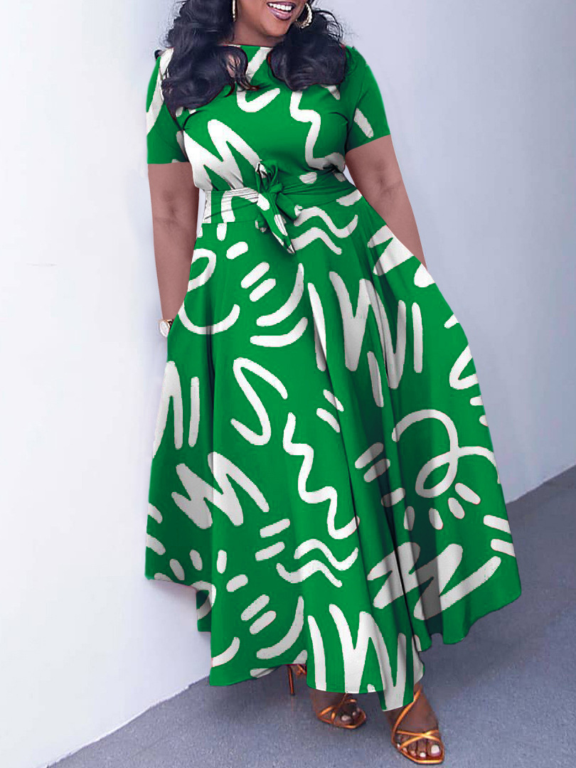 D410Chic Women's African Print Dress with Lace-Up Detail - Fashionable Short Sleeve Swing Outfit for Export