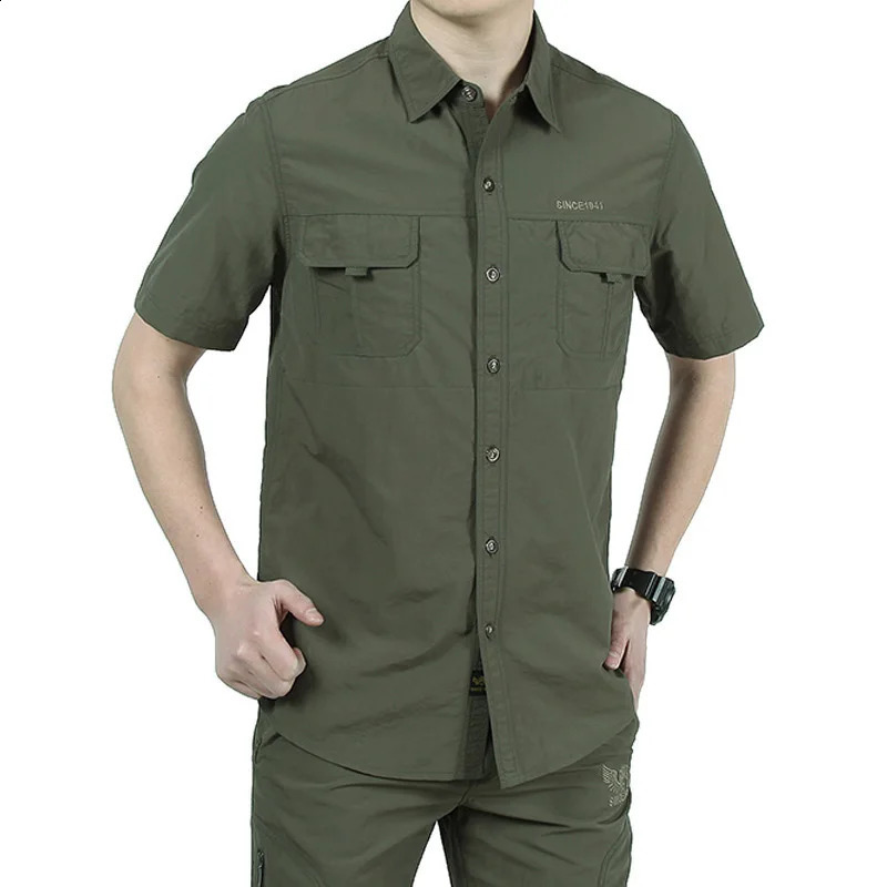 Summer mens short sleeved military cargo shirt quick drying lapel tactical shirt hiking camping fishing suit 250411