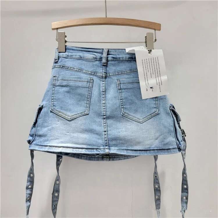 Womens Casual Multiple Pockets Denim Vintage Goth Y2k Mini Skirt 2024 New Fashion Women Skirts