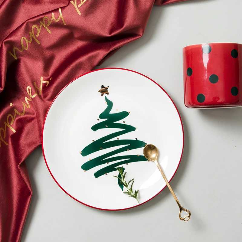 Christmas 1pc Merry Christmas Ceramic Dinner Dish Plate Set Mug Dessert Cake Pastry Fruit Serving Plate Decorative Tableware Y251113