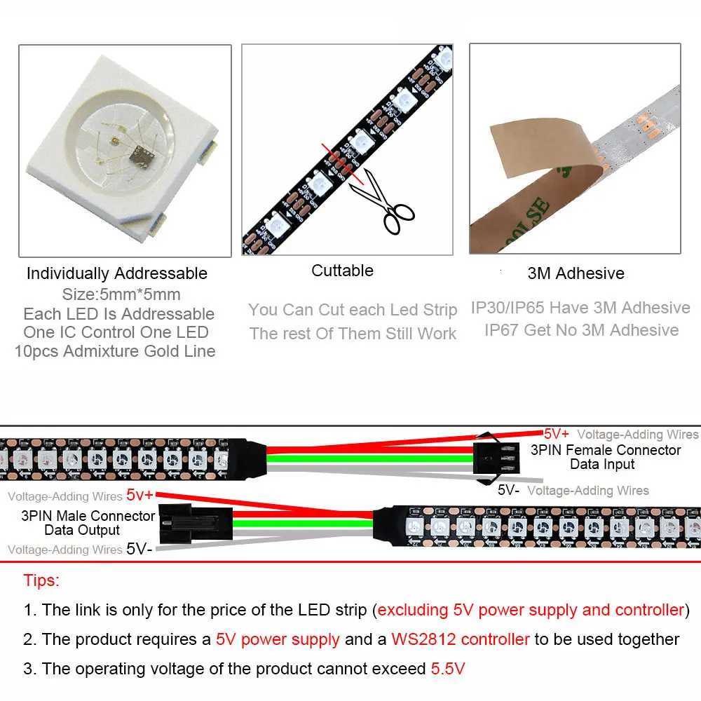 5V WS2812B WS2812 Digital Flexible Individually Addressable Pixel Led Strip RGB LED Strip 30/60/74/96/144Pixel/Leds/M Tape Light W251112