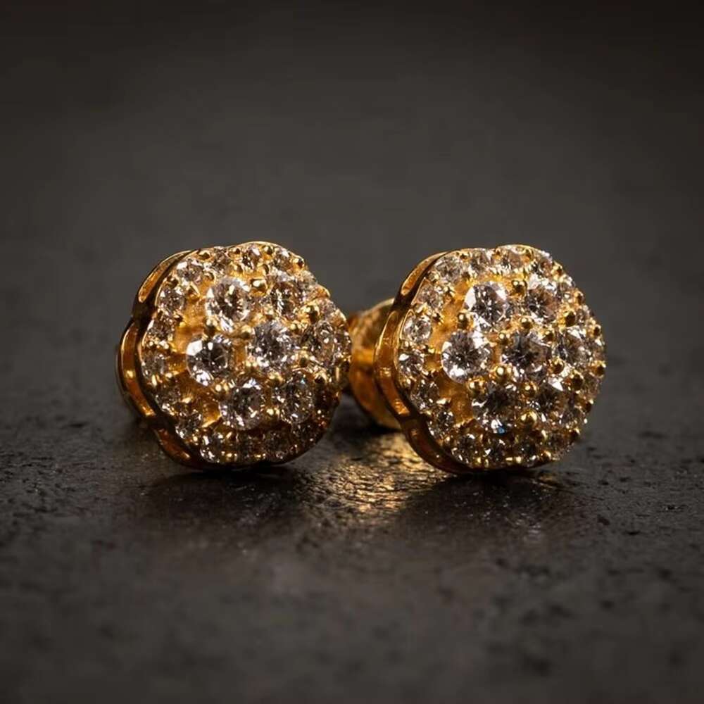 Sterling Silver Screw Back VVS Moissanite Gold Plated Flower Cluster Stud Earrings Mens Iced Out Moissanite Earrings