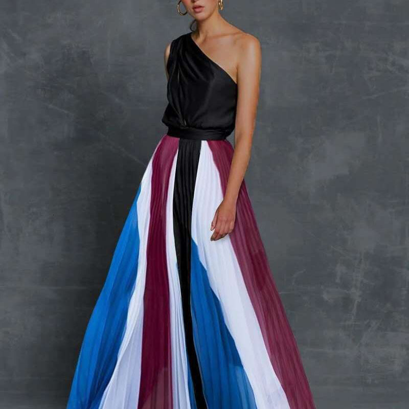 2025 Spring/summer New Womens Dress Color Contrasting Loose Splicing Off Shoulder Printed Long Dress