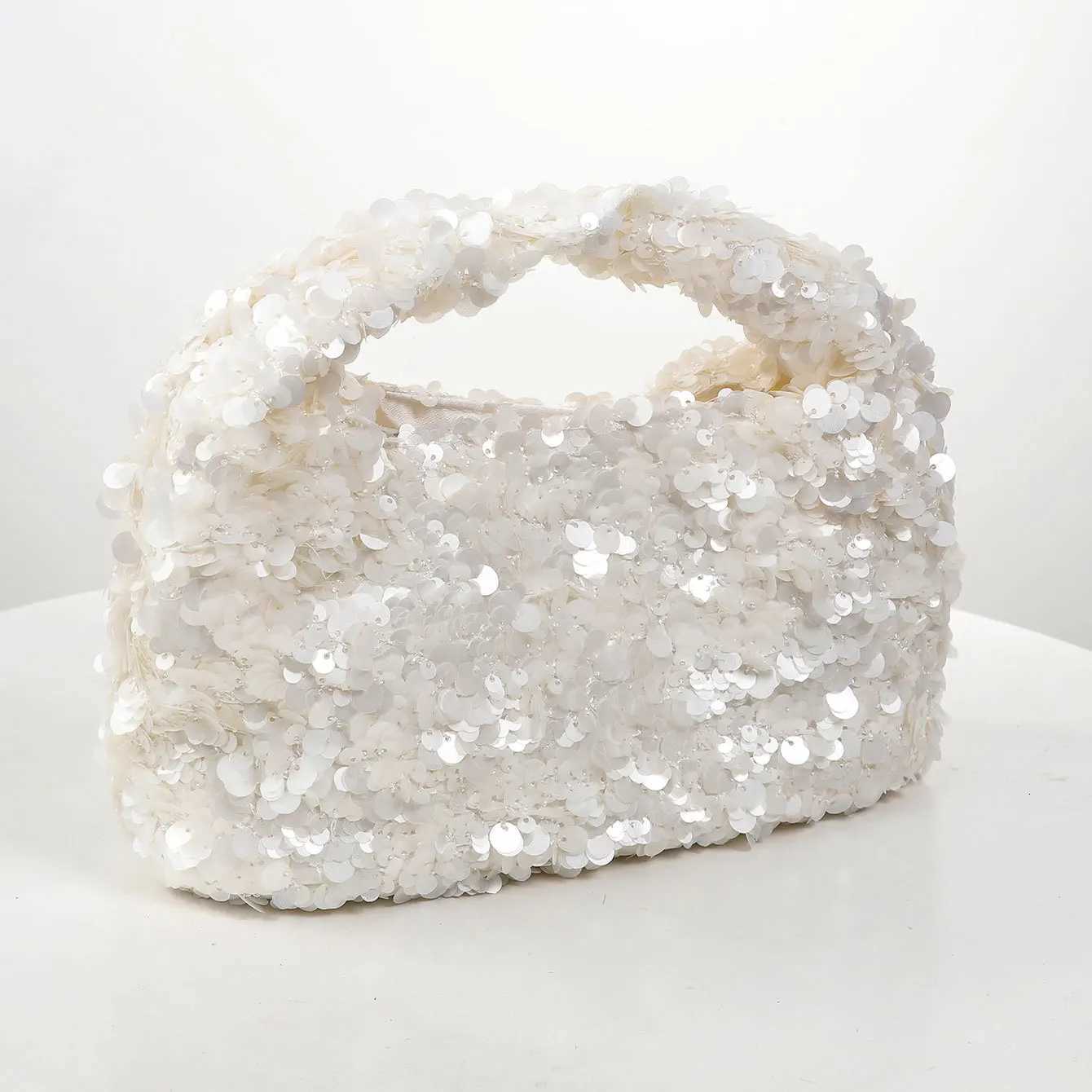 Women White Sequins Hobo Handbag Shiny Bucket Bag Elegant Evening Clutch Bag for Wedding Party Exquisite Small Tote Female PurseW251112