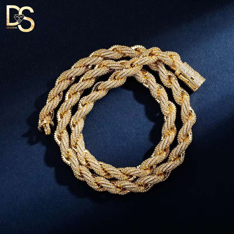 8mm Spring Buckle Full Zirconium Twisted Chain Hip Hop Bracelet Twist Rope Cuban Link Chain Necklace