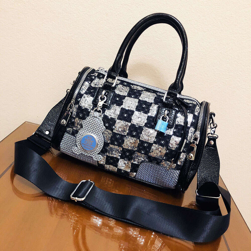 Backpack checkered denim handbag trendy new fashion sequin large capacity pillow bag for women