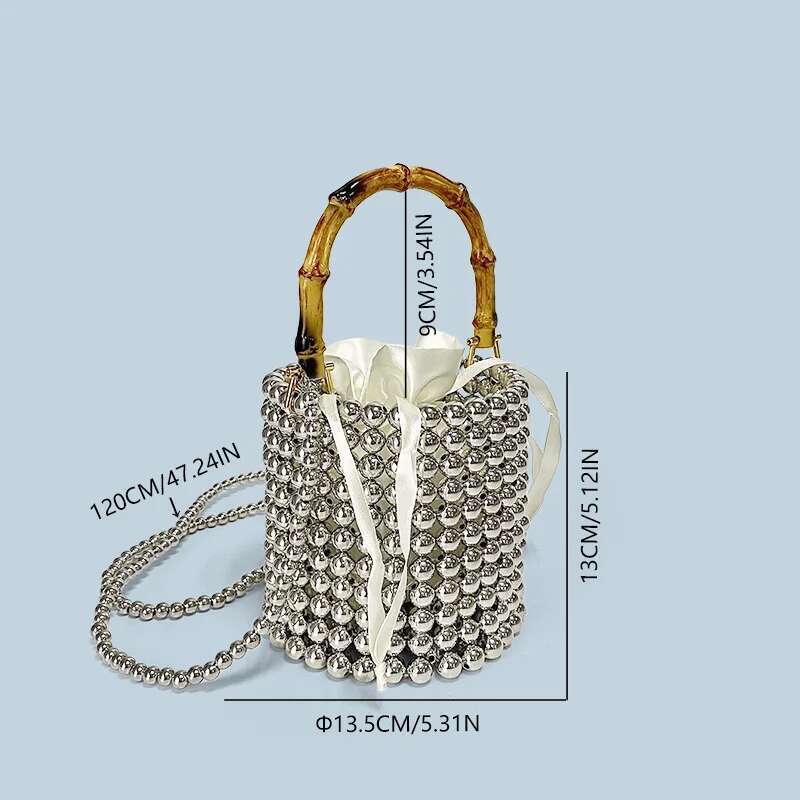 New Niche Design Drawstring Bucket Pearl Chain Hand-Held Bamboo Bag, Hand Woven Crossbody Bag