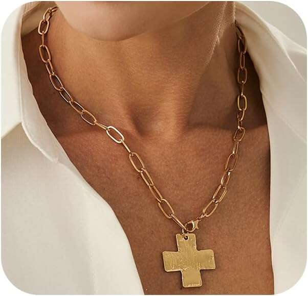 Chunky Necklace for Women Gold Long Chain Layered Crystal Cross Statement Pendant Summer Beach Boho Jewelry