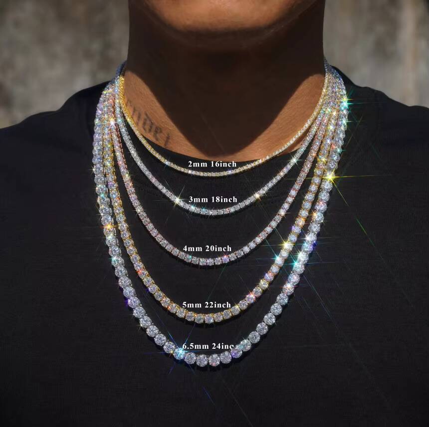 Hip Hop Iced Out Fine Jewelry 5MM Moissanite Diamond S925 Sterling Silver Moissanite Women Men Tennis Chain Necklace