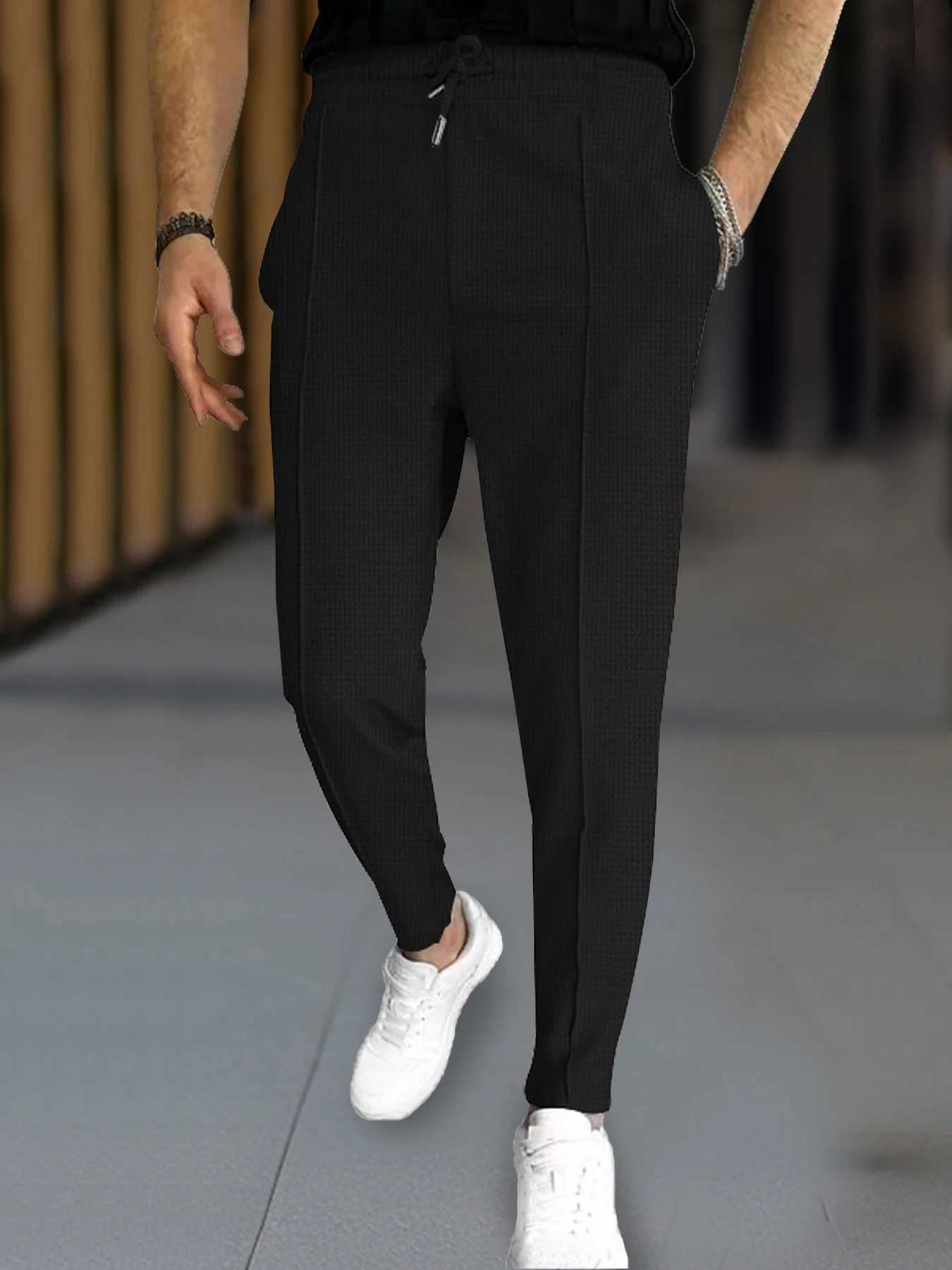 Mens fashionable waffle pants - casual sports slim fit adjustable drawstring all season safe pocket - perfect outdoorXJ250412