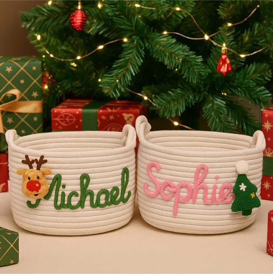 Cust Christmas Gift Basket Baby Name Storage Bin Personali Cotton Rope Xmas Basket Holiday Decor Newborn Gift Baby Shower Y251112