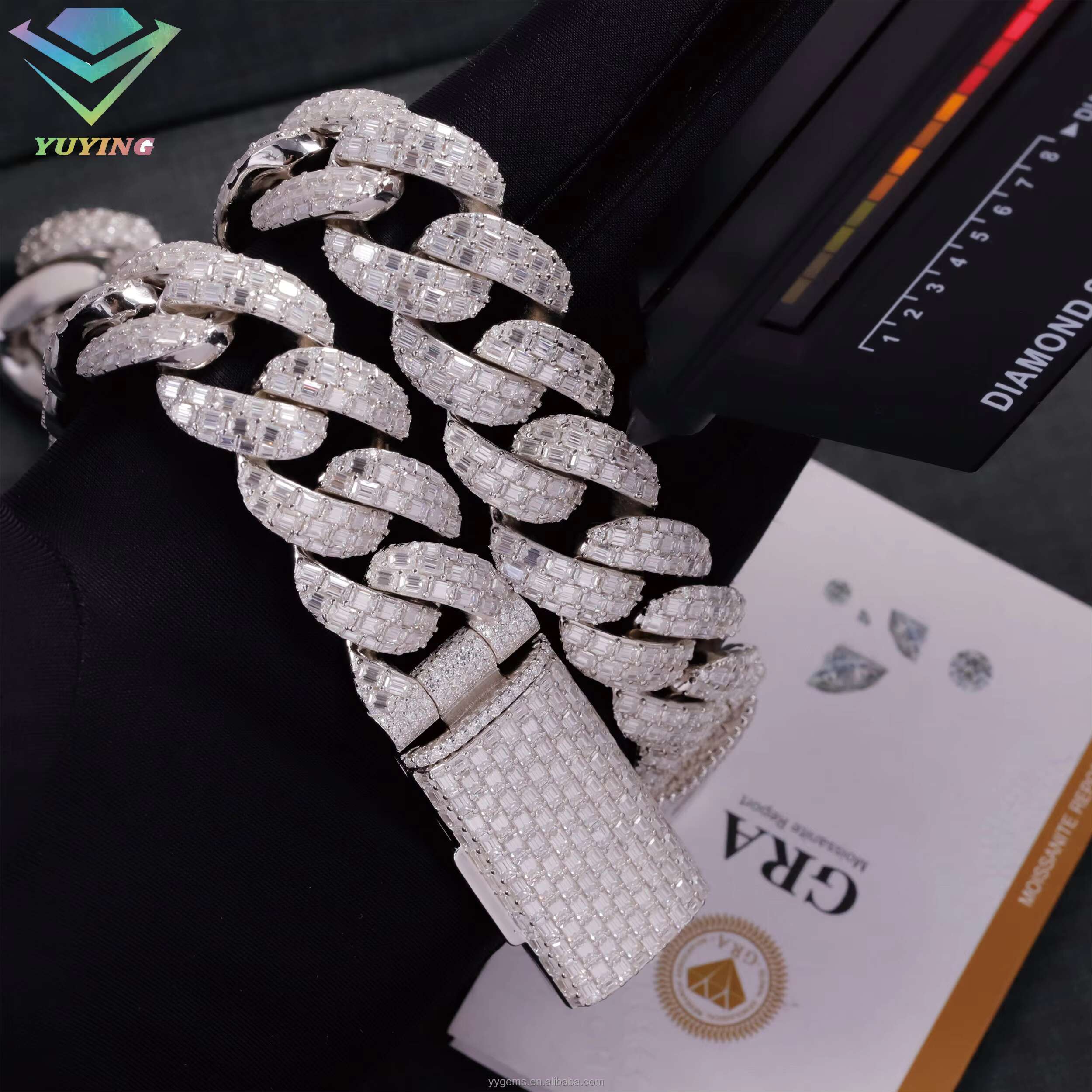 Yu Ying 20mm Baguettes VVS Moissanite Diamond Solid Silver Necklace Cuban Link Chain for Hiphop Jewelry
