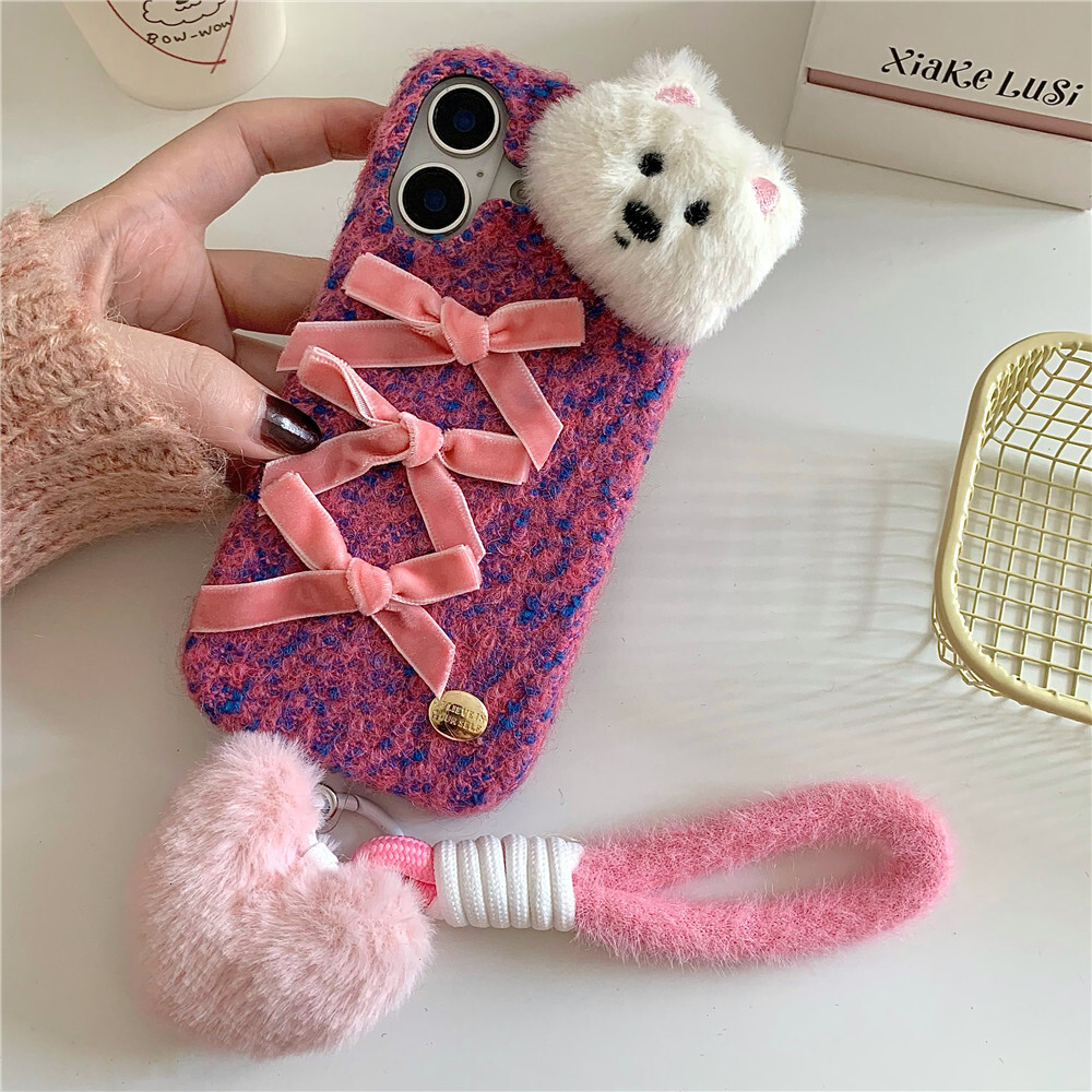Bowknot Plush Dog Phone Case Compatible with iPhone 16/15 Pro Max Love Bracelet iPhone 14/13/12 Pro Cartoon