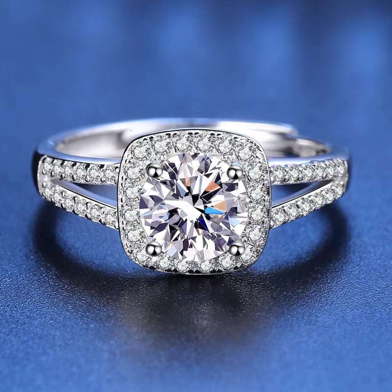 Classic Womens S925 Silver Six-Prong Double Row Square Moissanite Ring Fashion Gemstone Wedding Ring