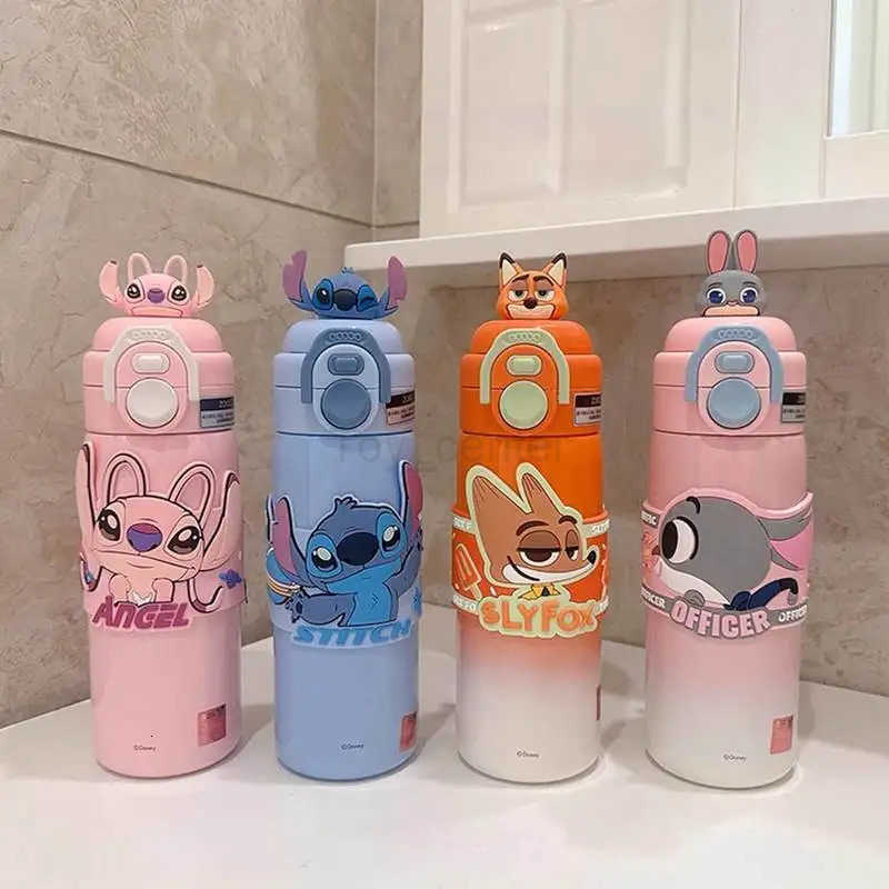 Disney 500ml Zootopia Nick Judy Hopps Thermos Multi Functional Dual-Drinking Straw Cup Stitch Lotso Anime Peripherals Fun Gifts H251203