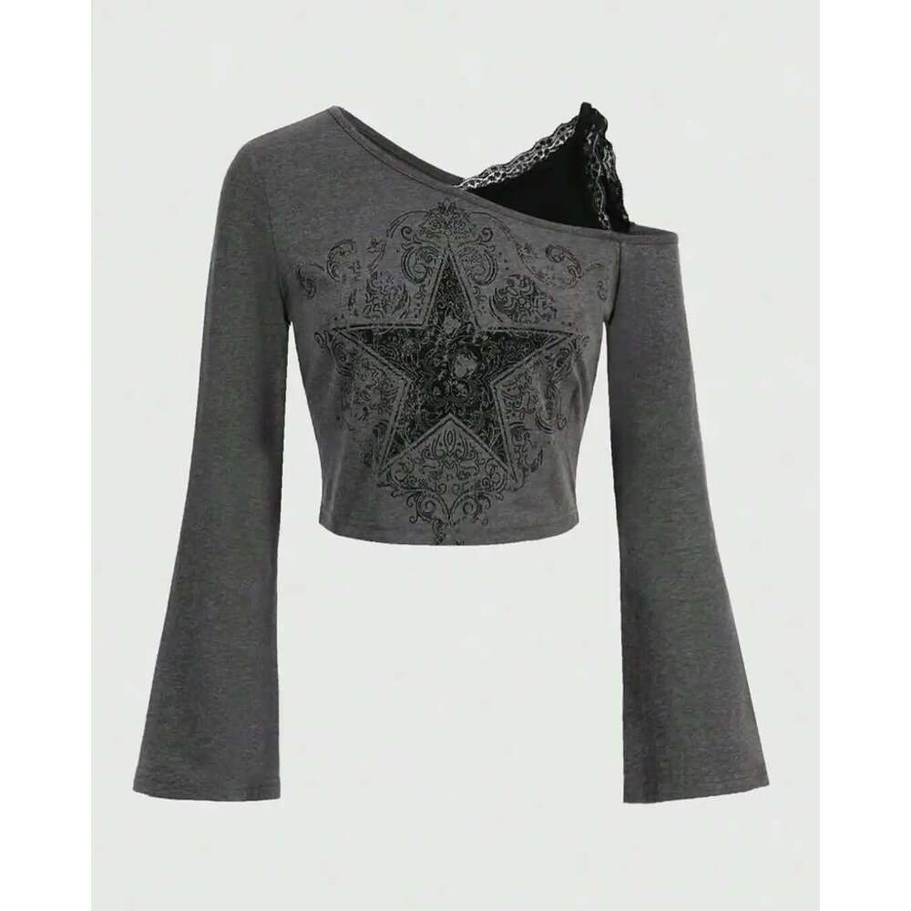 Women's Wear Black Y2k Oversized Star Pattern Print Crop Tops Gothic Haruku Long Sleeved Sexy Lace Shoulder Strap Tank Top Suspenders